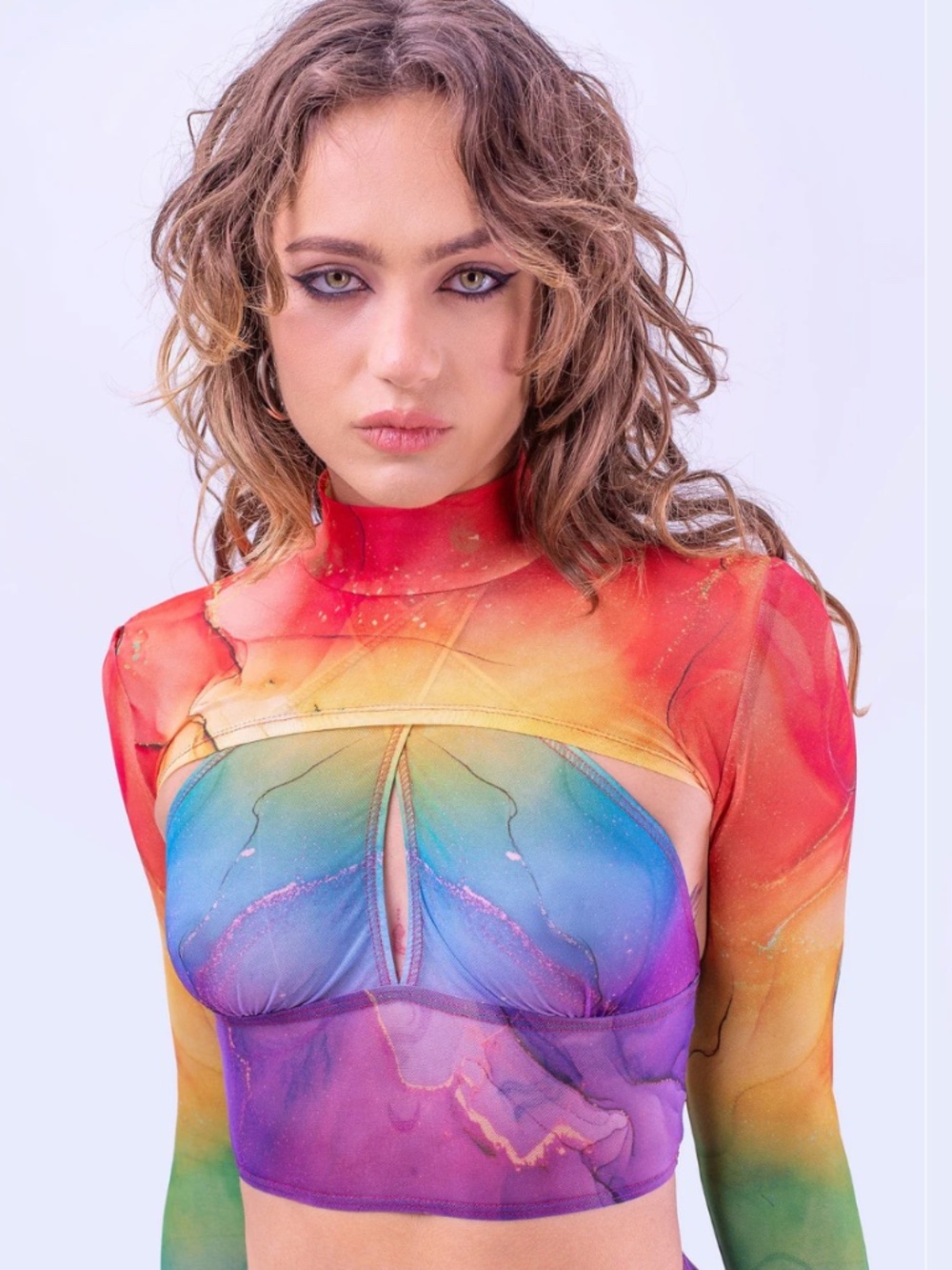 Badinka Rainbow Marble Mesh Set – Bell Bottom Pants + Crossed Sleeve Top-S - Picture 3 of 13